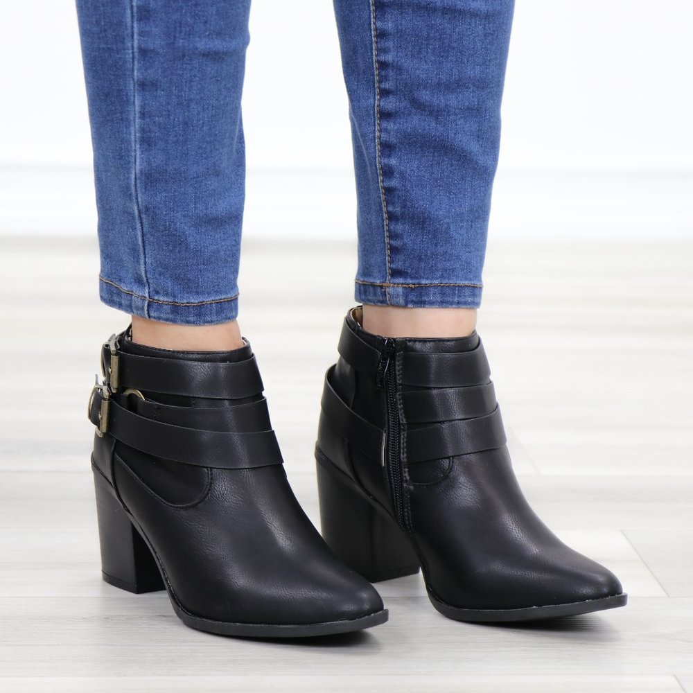 Pointy Toe Black Ankle Boots w/ Buckles - Picture 3 of 12